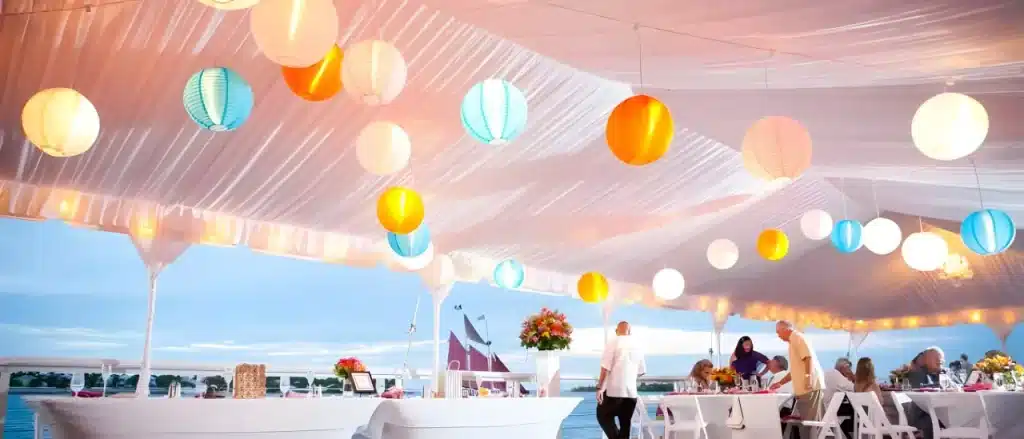 A 20 by 50 feet white frame tent been used for a party. It's setup next to a big lake.