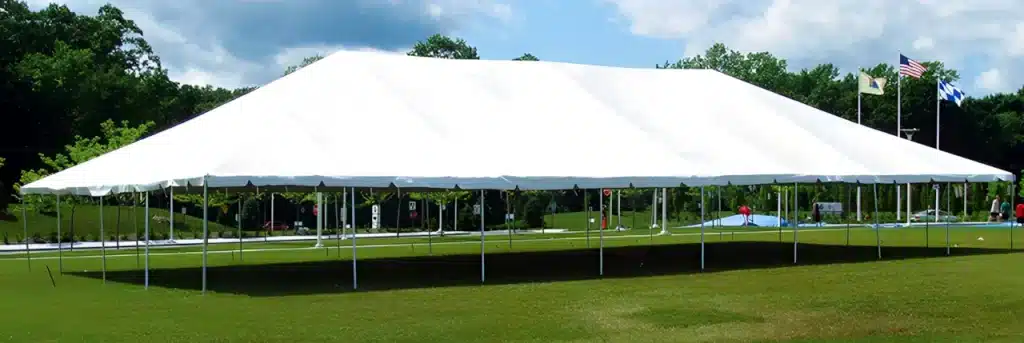 A large frame tent 40 by 80 feet. Color white